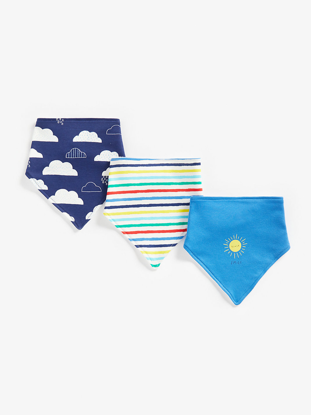 

mothercare Boys Blue & White Pack Of 3 Printed & Striped Pure Cotton Bibs