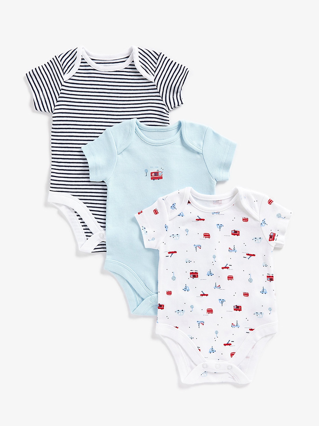 

mothercare Infant Boys Blue & White Pack Of 3 Printed & Striped Pure Cotton Bodysuits