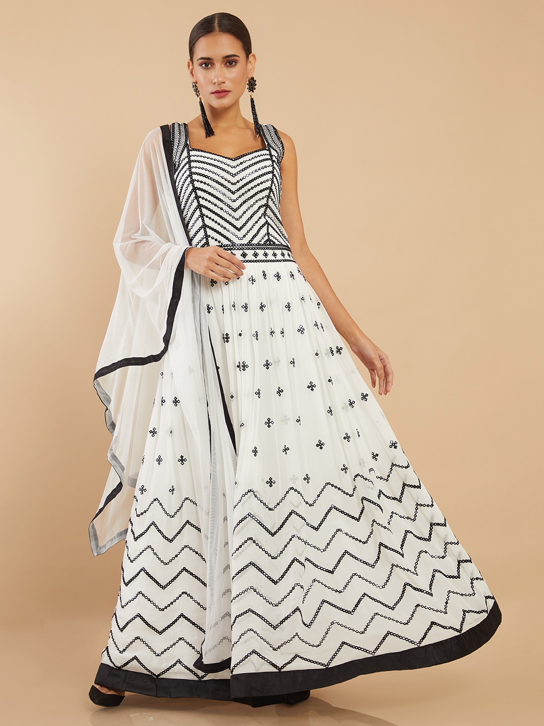 

Soch Women White Embroidered Pleated Silk Georgette Kurta with Churidar & Dupatta