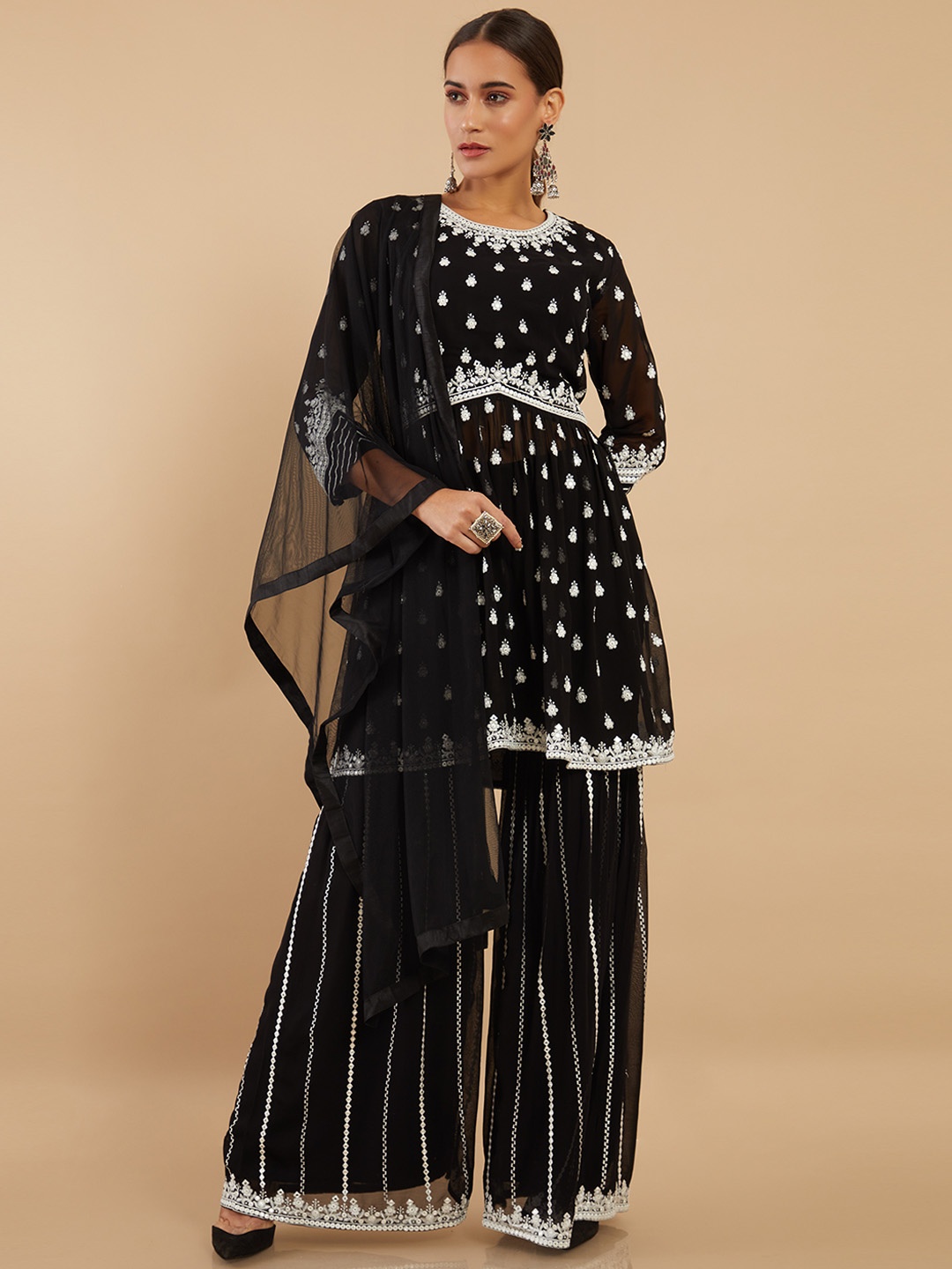 

Soch Women Black Floral Embroidered Empire Silk Georgette Kurti with Sharara & Dupatta