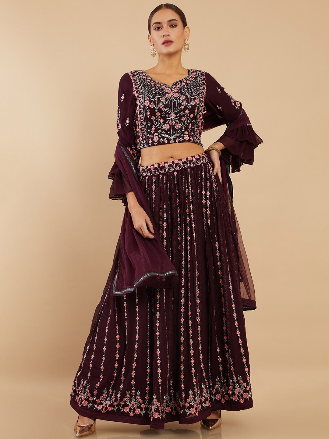 

Soch Burgundy & Gold-Toned Embroidered Lehenga & Blouse With Dupatta