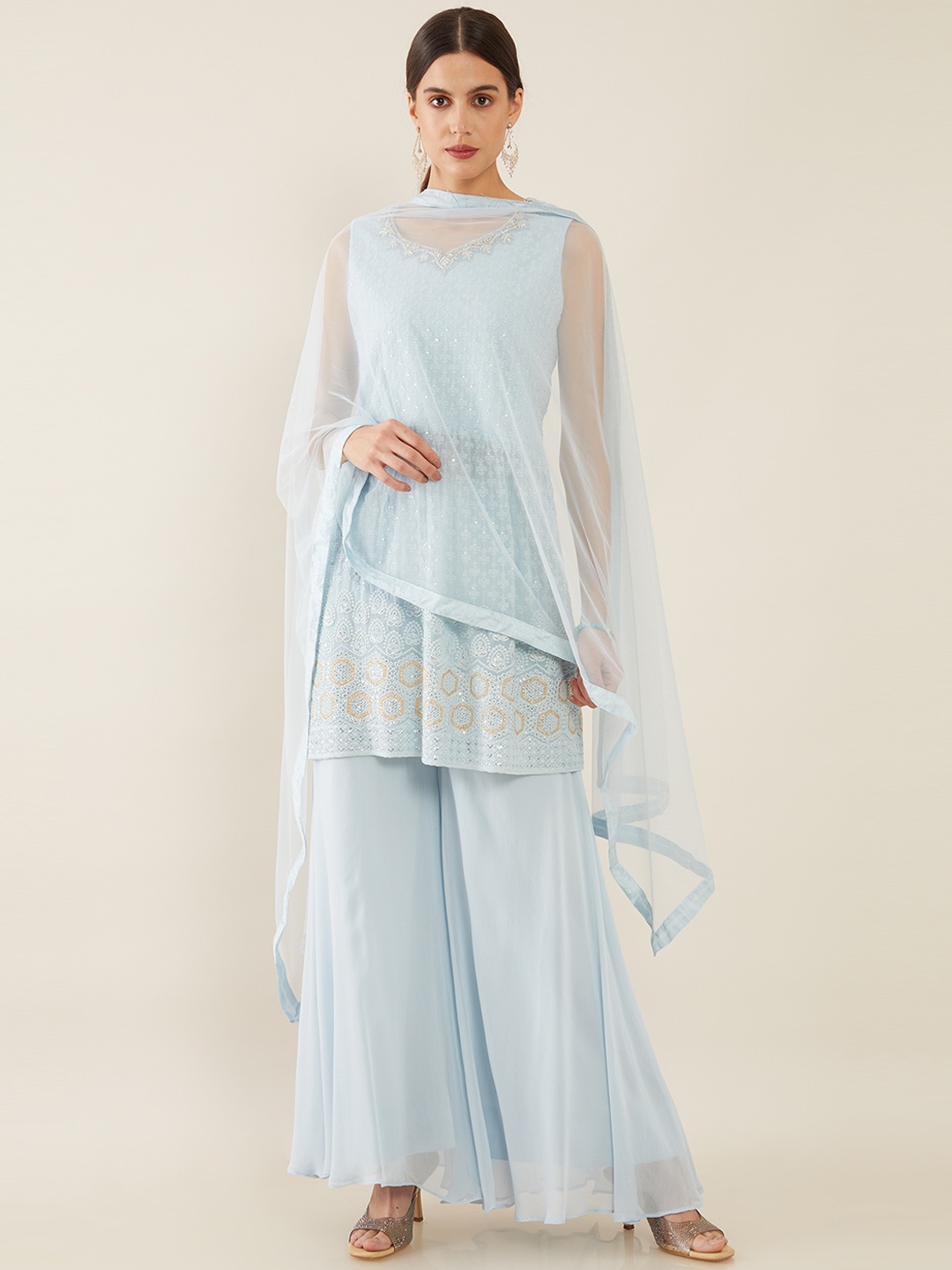 

Soch Women Blue Embroidered Chikankari Silk Chiffon Kurta with Sharara & Dupatta