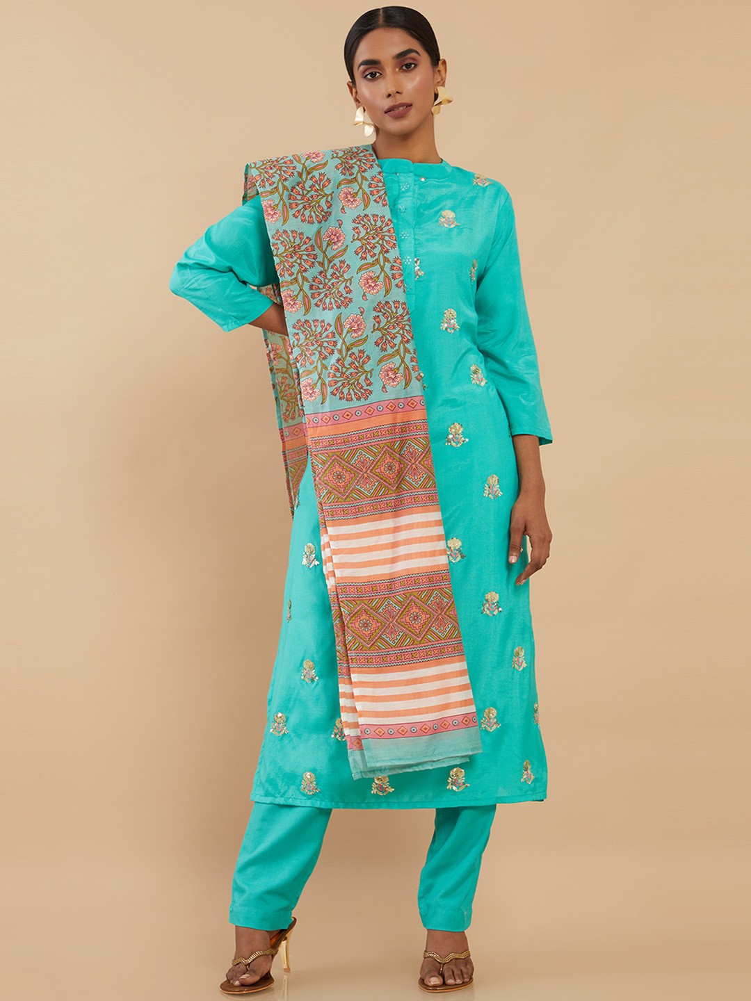 

Soch Women Teal Embroidered Pure Cotton Kurta with Trousers & Dupatta