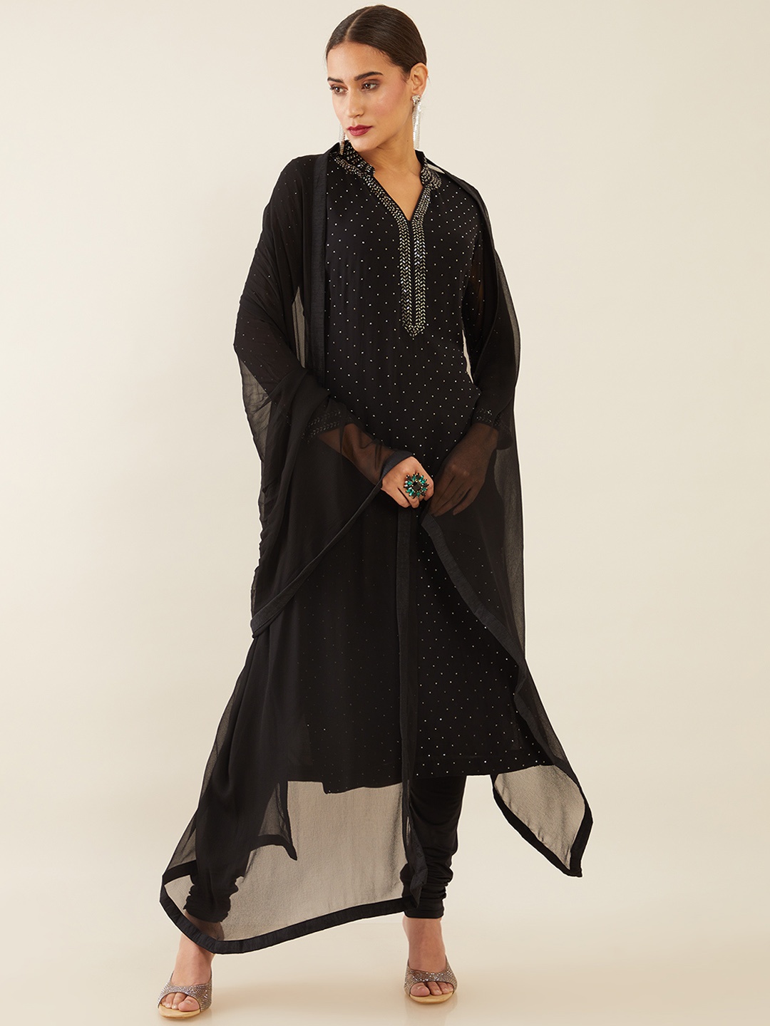 

Soch Women Black Embellished Silk Georgette Kurta with Churidar & Dupatta