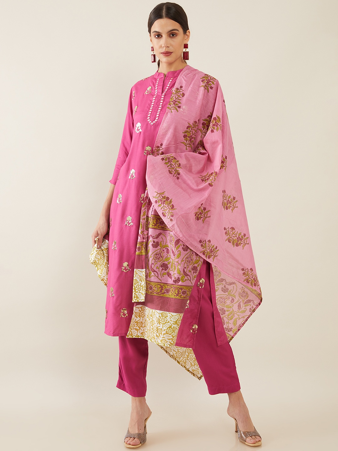 

Soch Women Magenta Embroidered Pure Cotton Kurta with Trousers & Dupatta