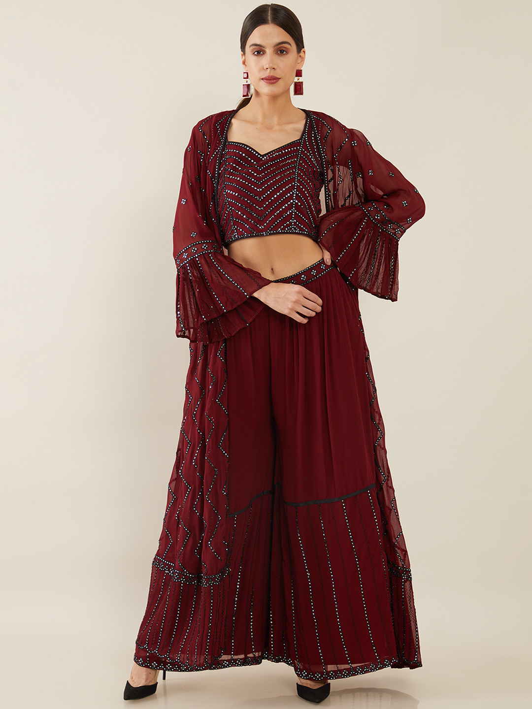 

Soch Women Maroon Yoke Design Pleated Silk Georgette Top with Palazzo & Jacket