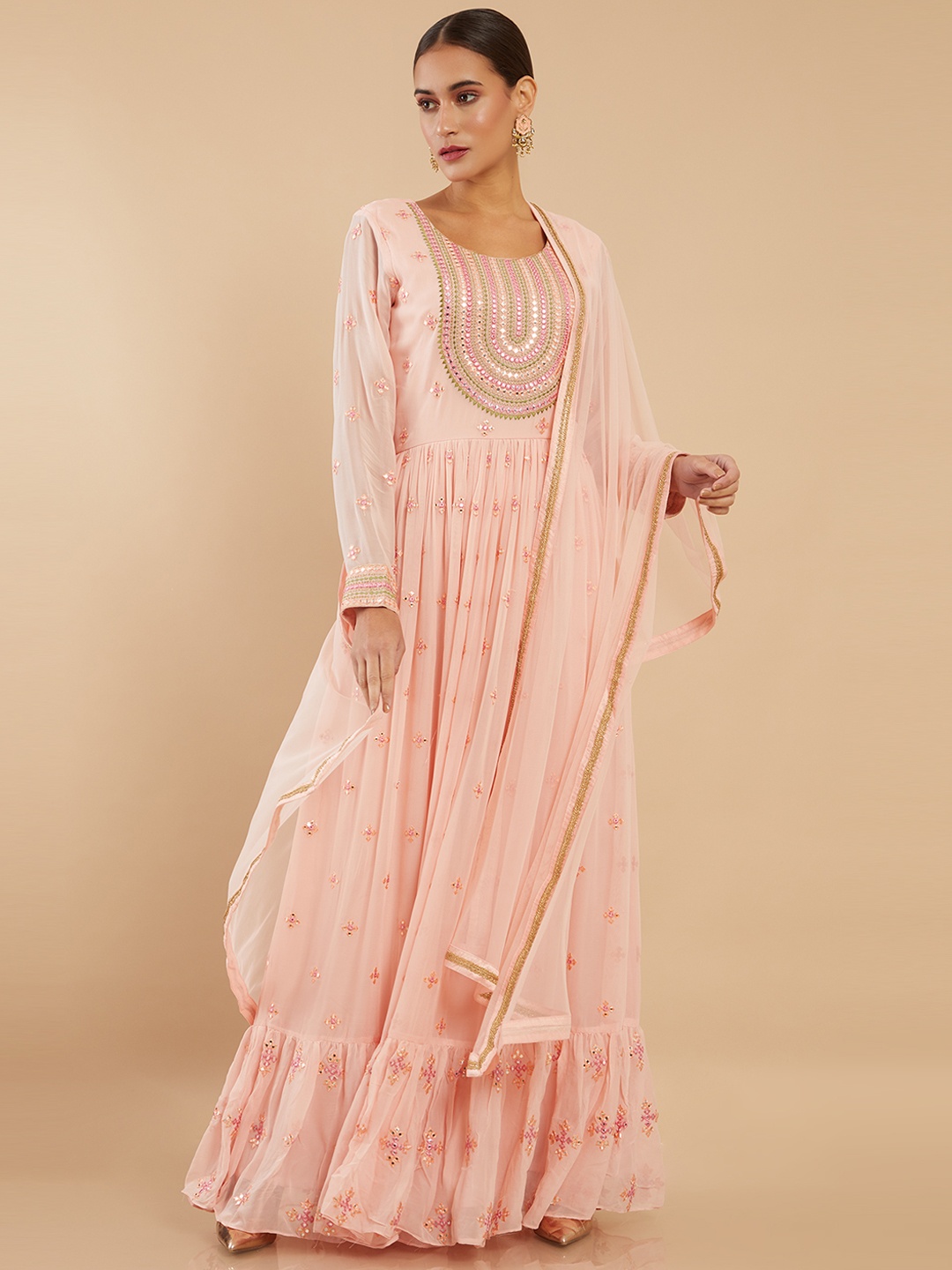 

Soch Women Peach-Coloured Ethnic Motifs Silk Georgette Kurta with Trousers & Dupatta