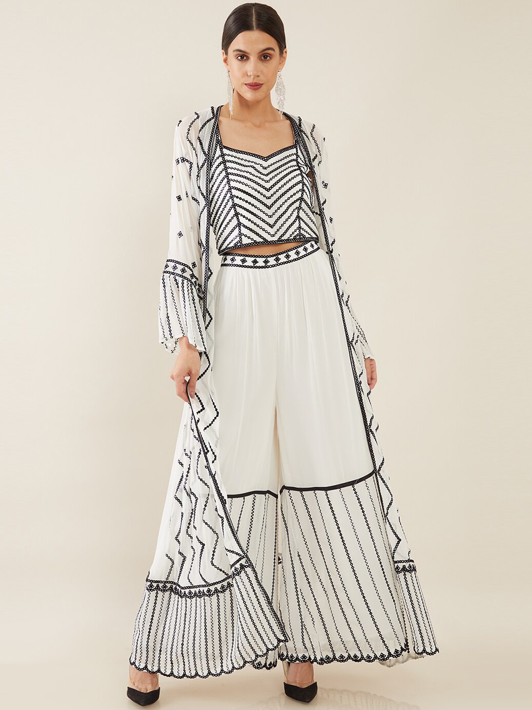 

Soch Women White Embroidered Silk Georgette Kurti with Palazzos