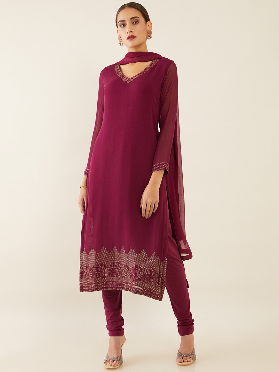 

Soch Women Maroon Embellished Silk Georgette Kurta with Churidar & Dupatta