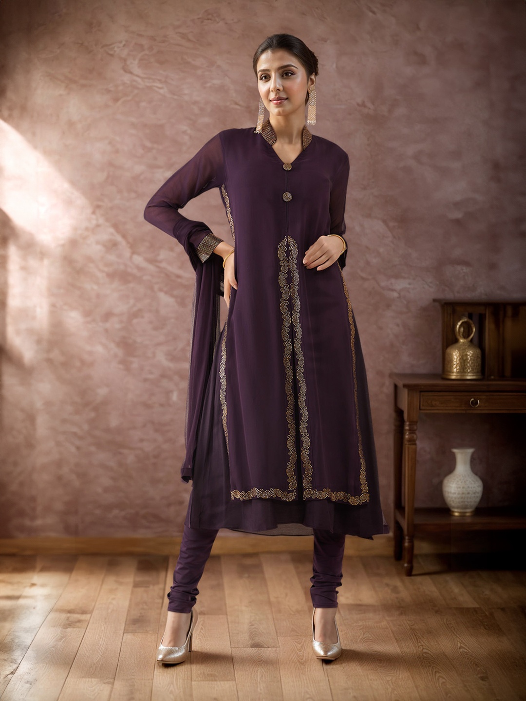 

Soch Women Purple Embellished Layered Silk Georgette Kurta with Churidar & Dupatta