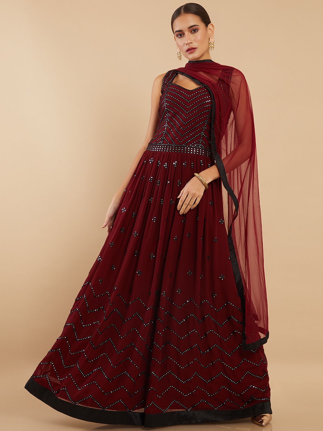 

Soch Women Maroon Ethnic Motifs Embroidered Silk Georgette Kurta with Churidar & Dupatta
