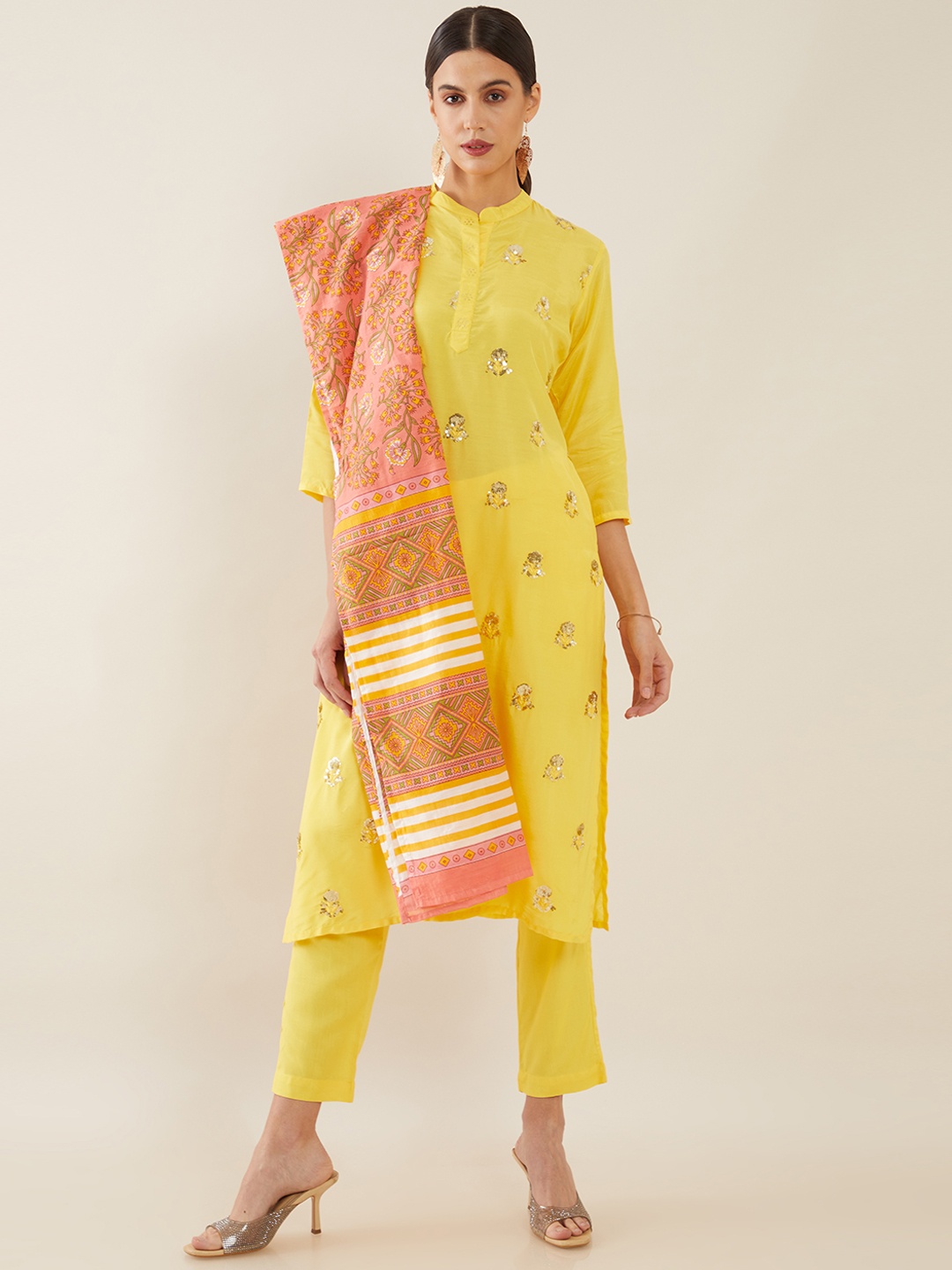 

Soch Women Yellow Ethnic Motifs Embroidered Pure Cotton Kurta with Trousers & Dupatta