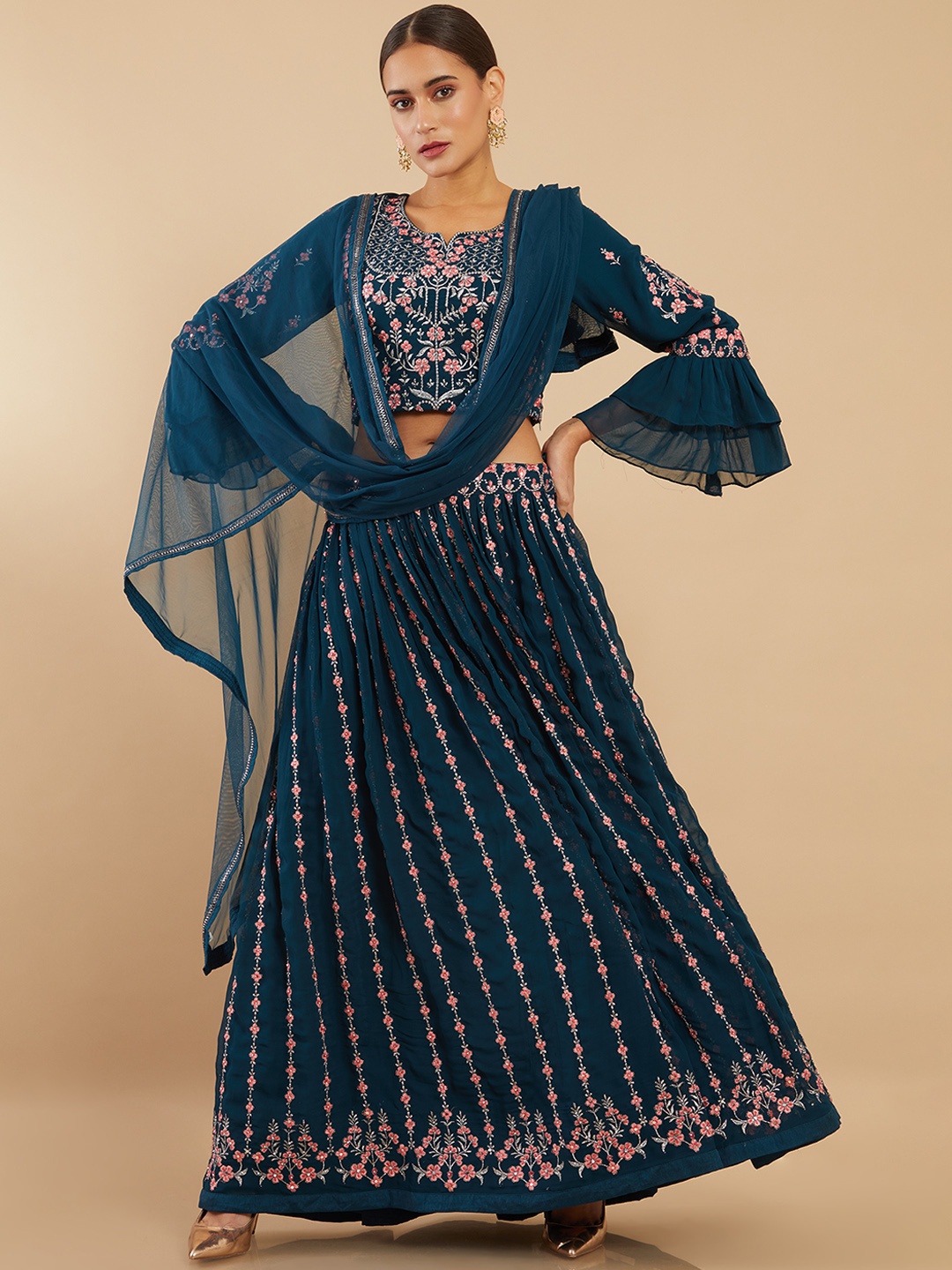 

Soch Teal & Pink Embroidered Ready to Wear Lehenga & Blouse With Dupatta