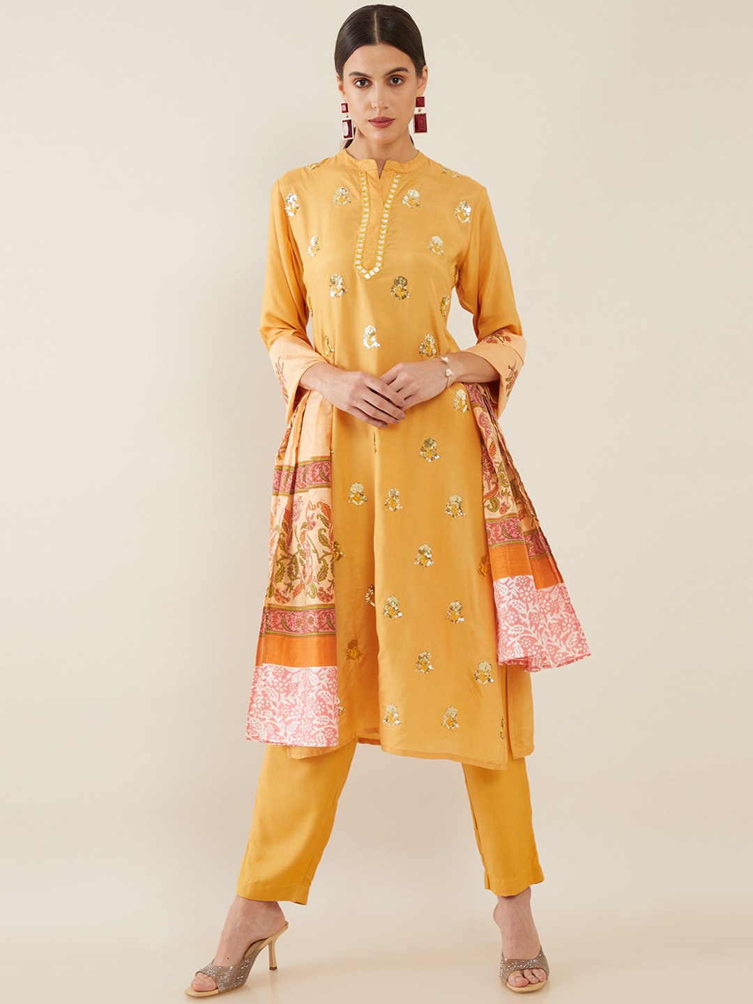 

Soch Women Mustard Yellow Embroidered Pure Cotton Kurta with Trousers & Dupatta