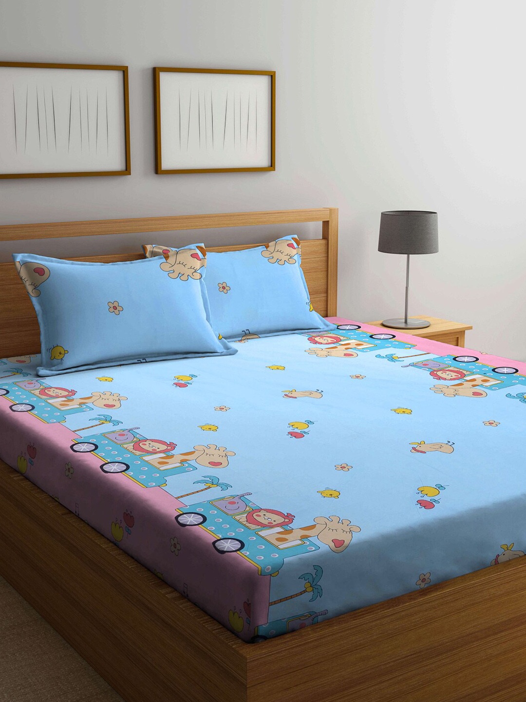 

KLOTTHE Blue & Pink Cartoon Characters 210 TC Queen Bedsheet with 2 Pillow Covers