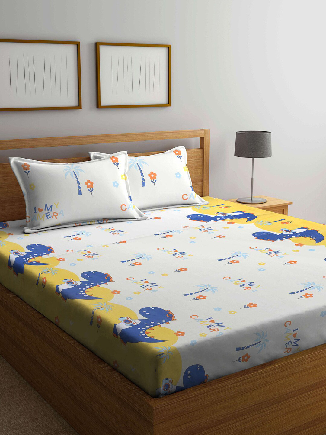 

KLOTTHE White & Blue Cartoon Characters 210 TC Queen Bedsheet with 2 Pillow Covers