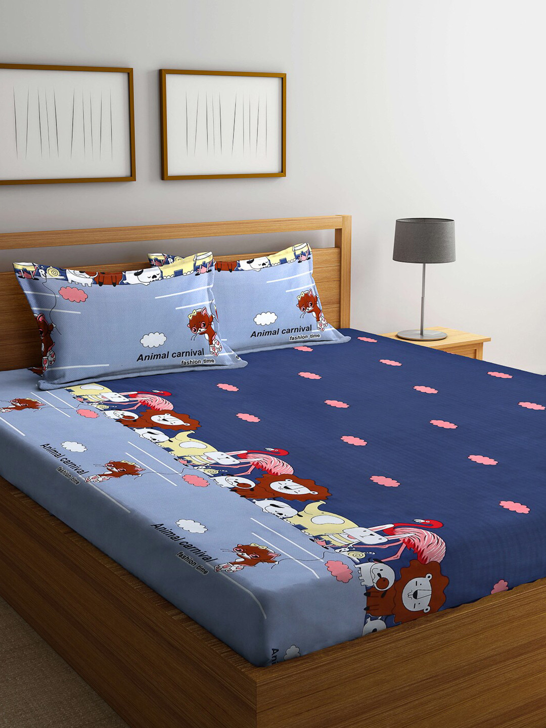 

KLOTTHE Blue & Pink Cartoon Characters 210 TC Queen Bedsheet with 2 Pillow Covers