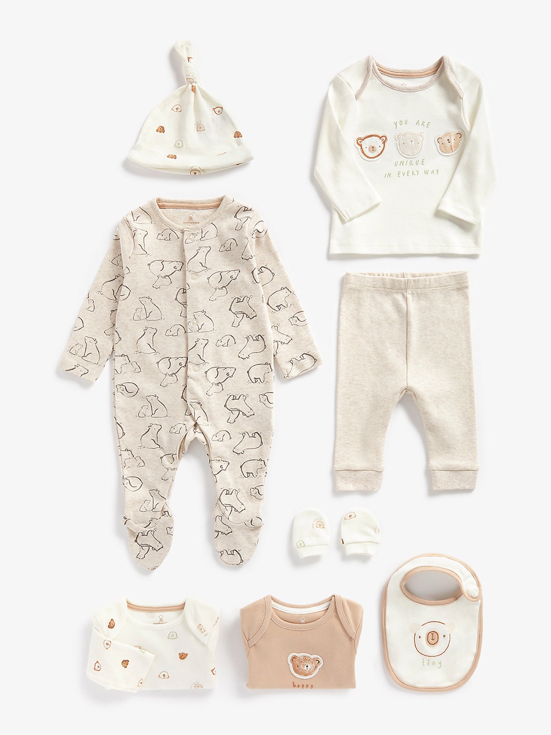 

mothercare Infant Unisex Off-White & Beige Printed Organic Cotton 8 Pcs. Gift Clothing Set