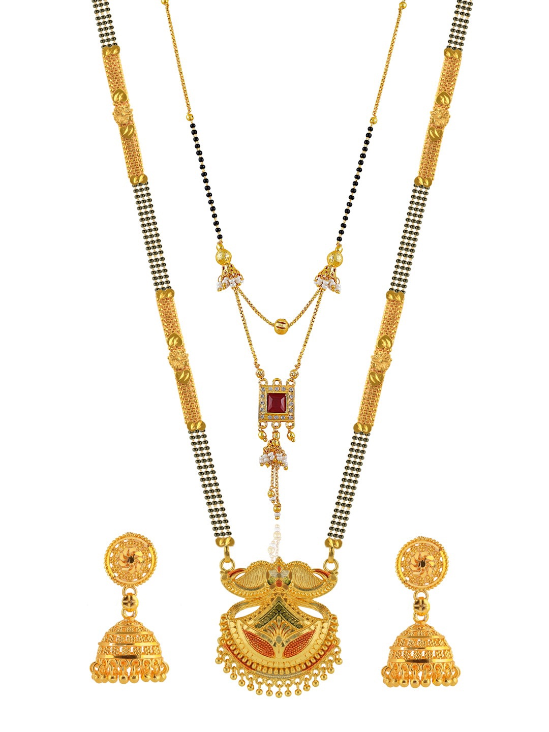 

Brandsoon Set Of 2 Gold-Plated White & Red Stone-Studded & Black Beaded Mangalsutra With Earrings