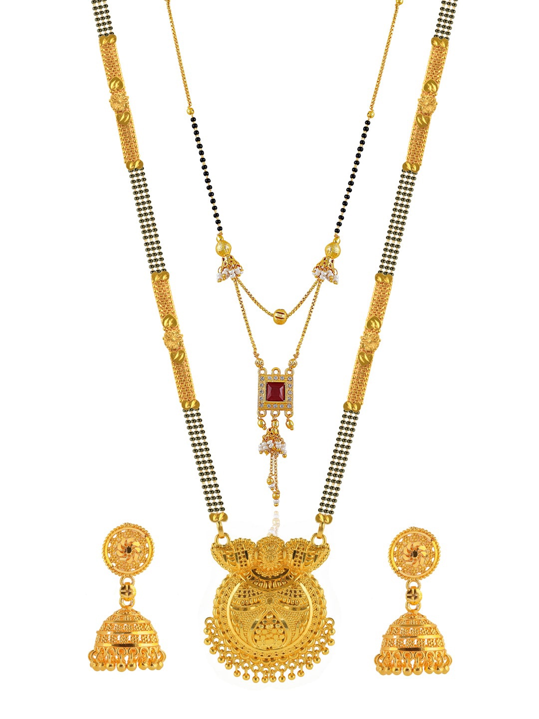 

Brandsoon Set Of 2 Gold-Plated & Black Beaded Mangalsutra With Earrings