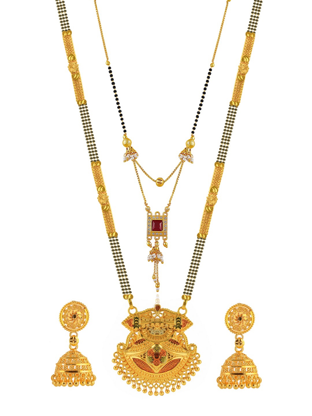 

Brandsoon Set Of 2 White & Red Gold-Plated Studded Mangalsutra With Earrings
