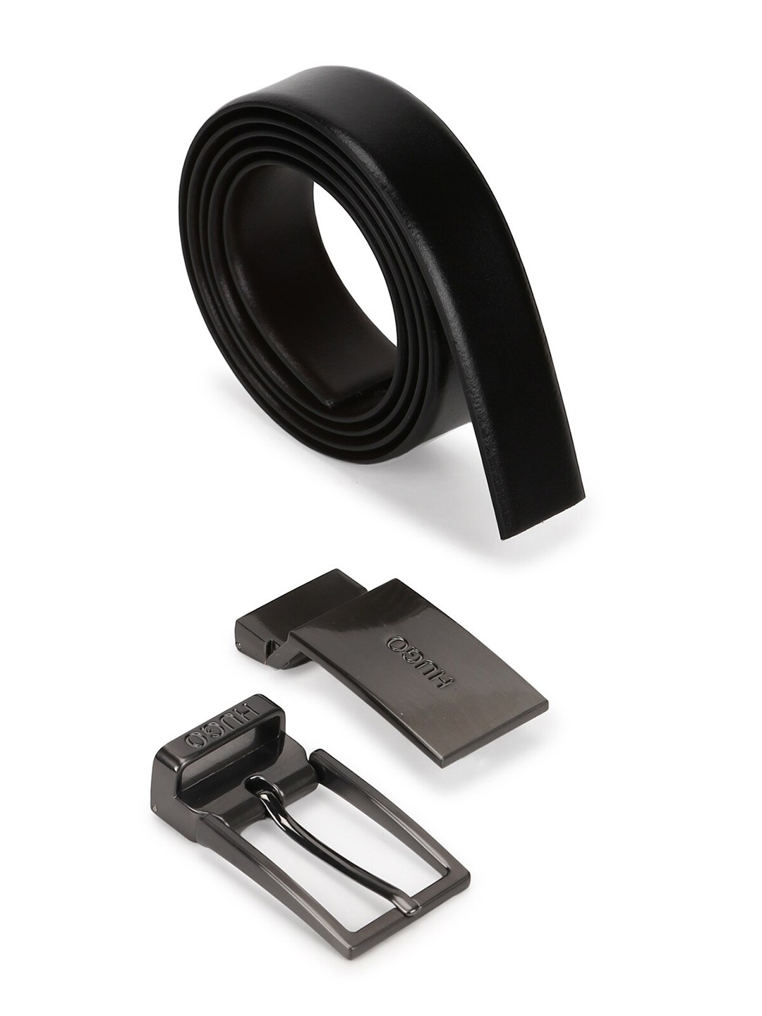 

HUGO Men Black Leather Belt With Interchangable Buckles
