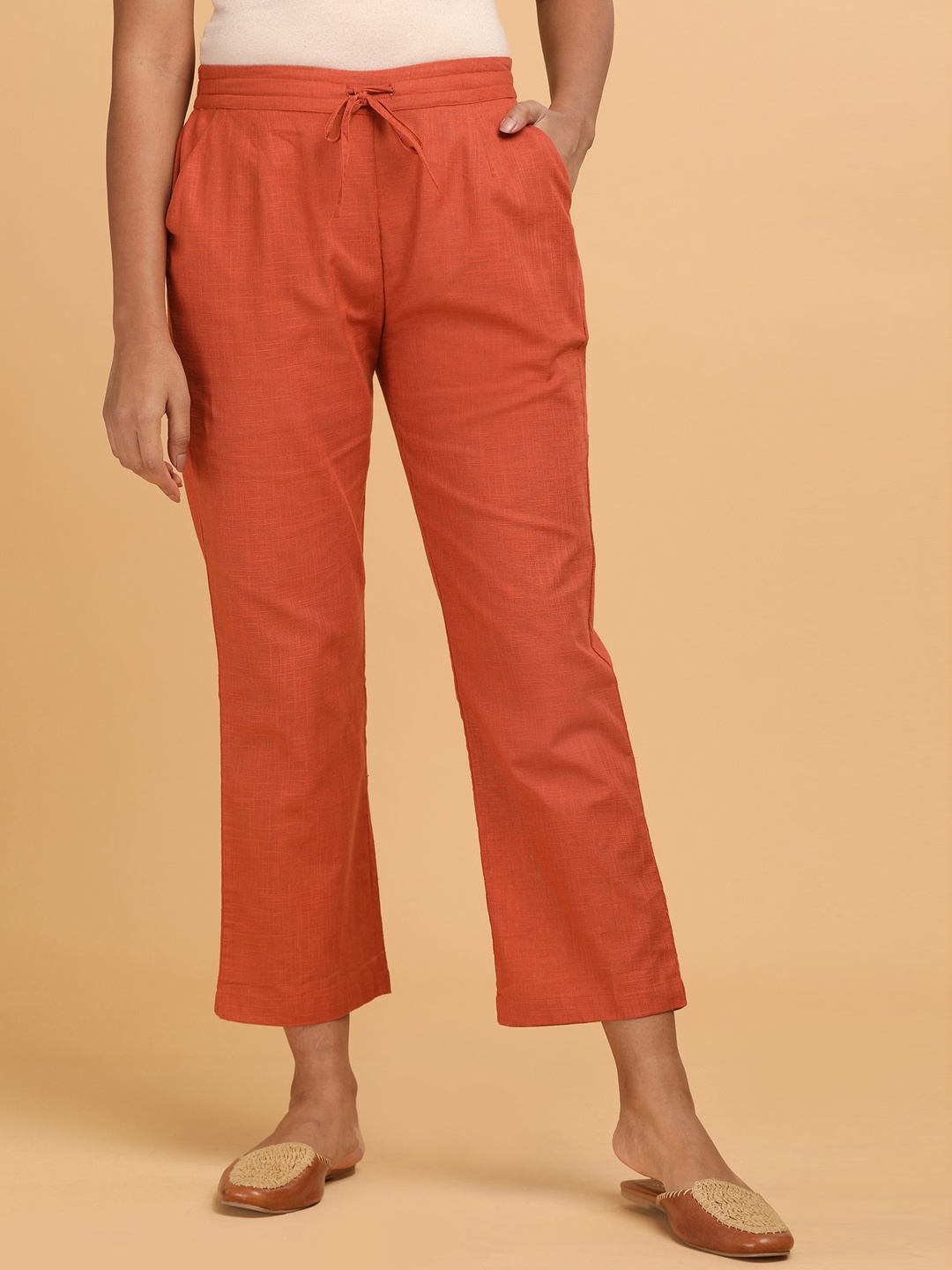 

W The Folksong Collection - Women Rust Solid Straight Pants, Red