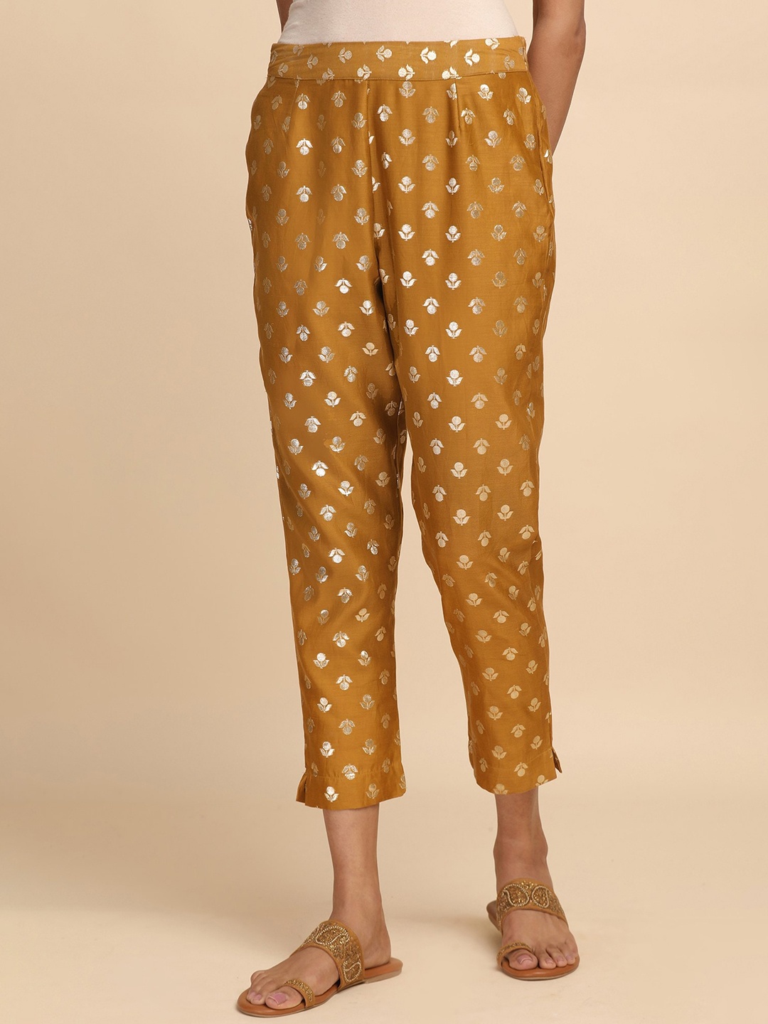 

W The Folksong Collection - Women Mustard Yellow Jacquard Slim Pants