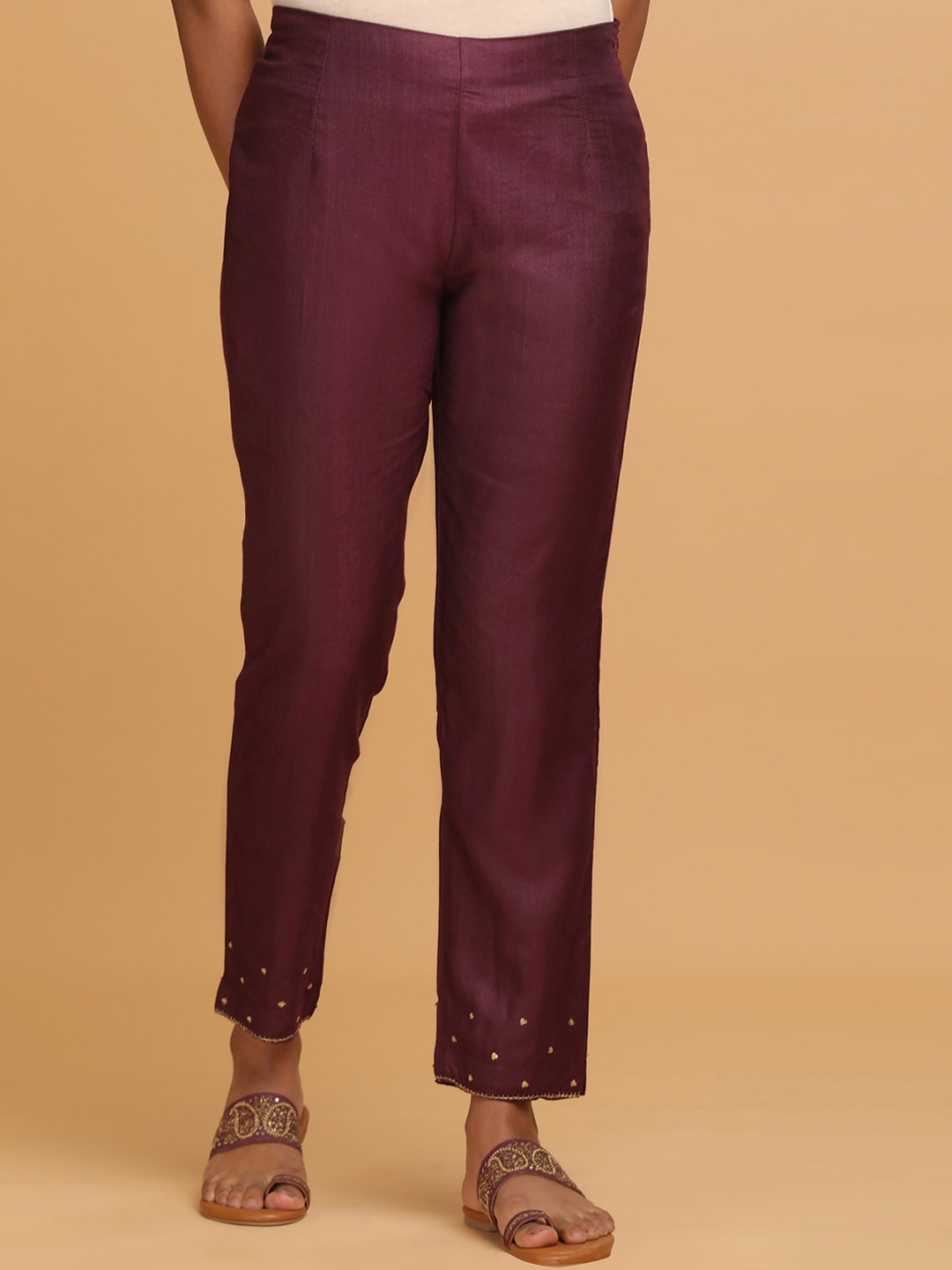 

W The Folksong Collection - Women Purple Solid Slim Pants, Burgundy