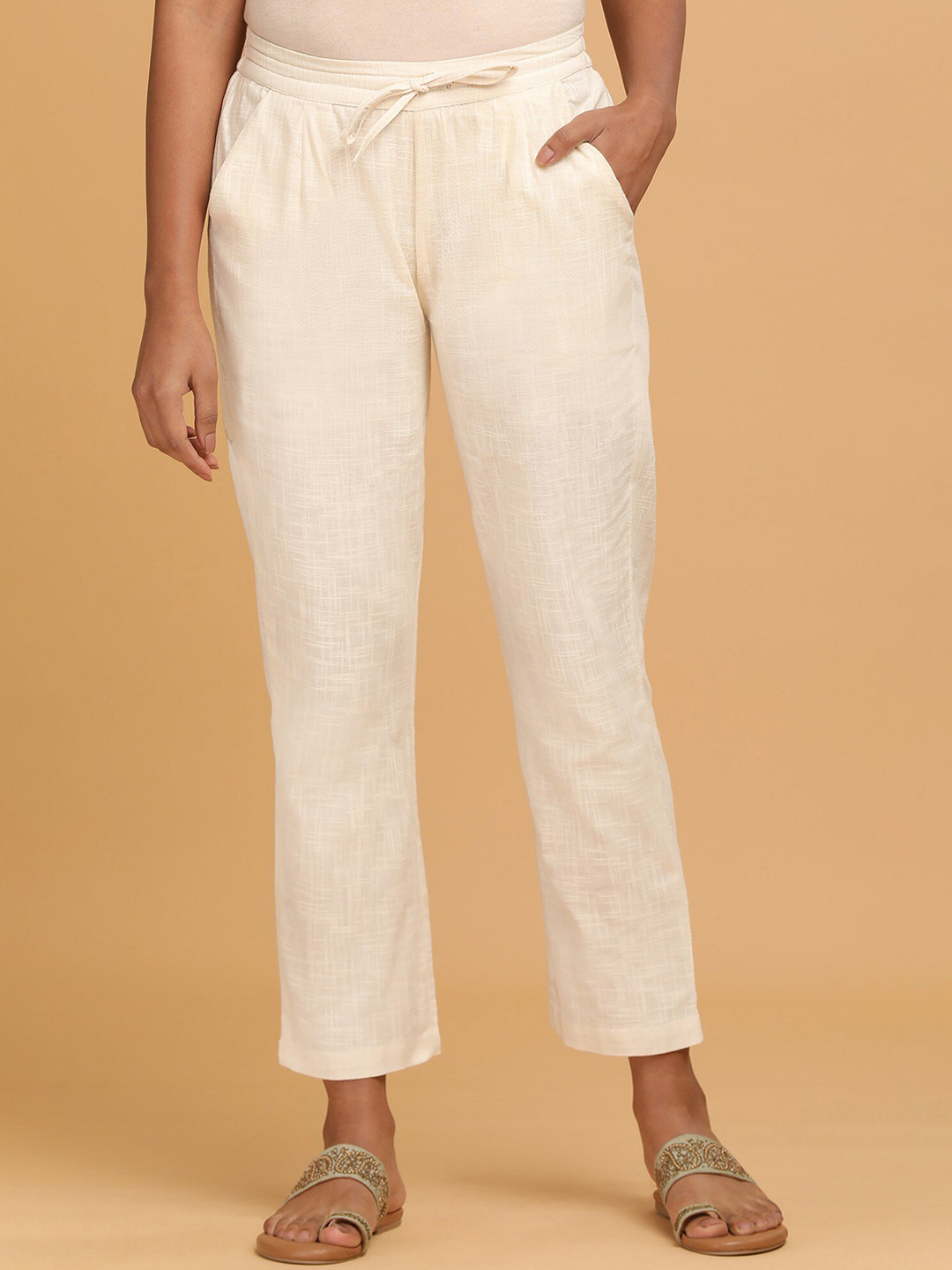 

W The Folksong Collection - Women Ecru Solid Straight Pants, Beige