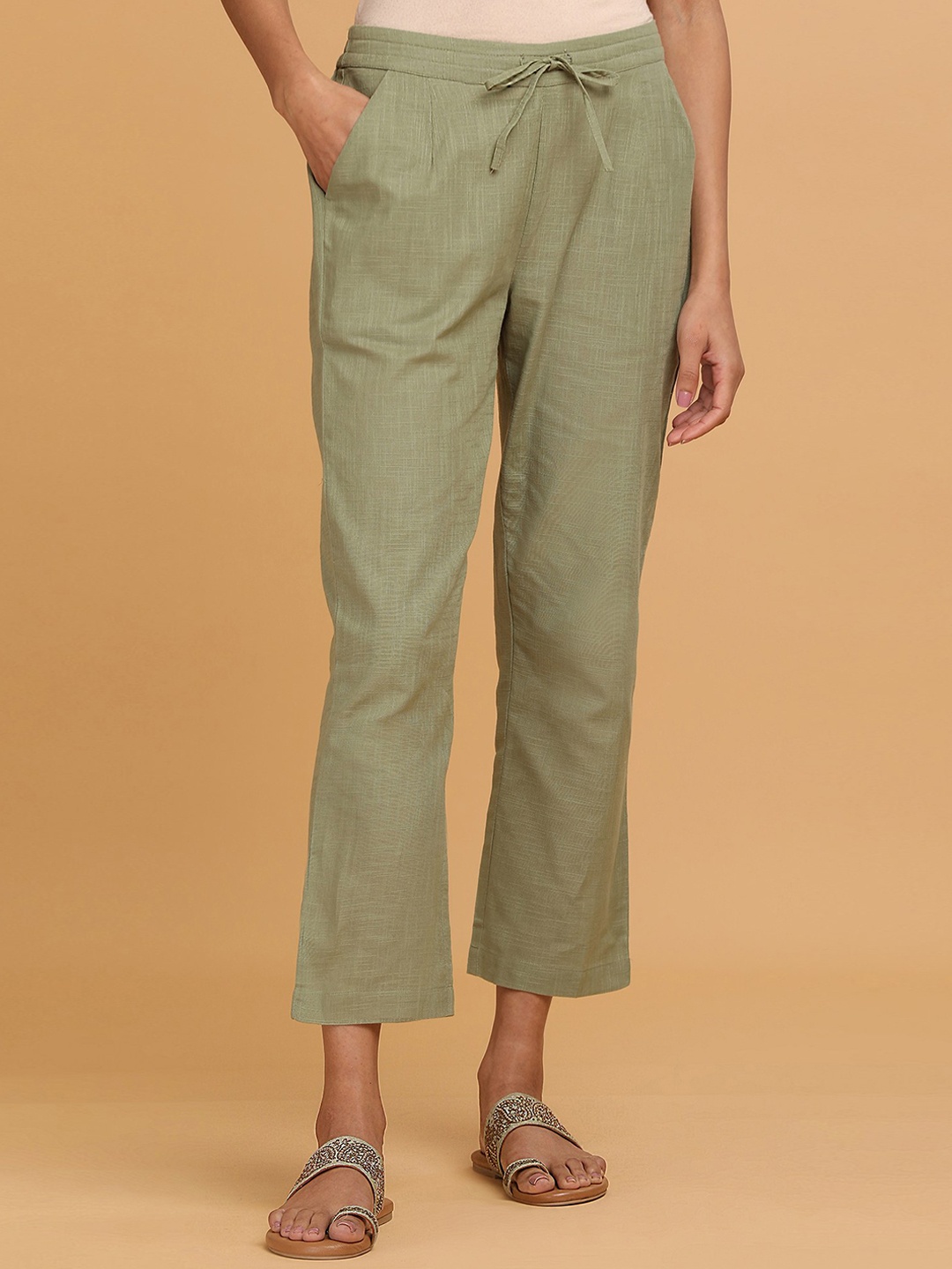 

W The Folksong Collection - Women Green Solid Straight Pants