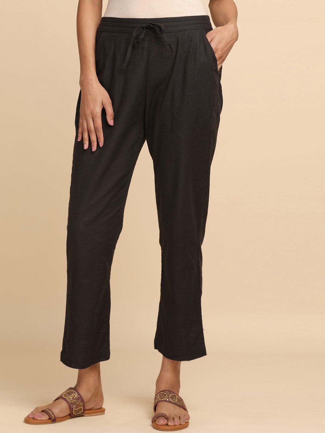 

W The Folksong Collection - Women Brown Solid Straight Pants, Black