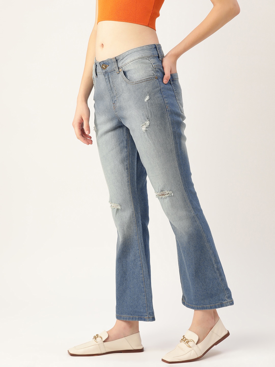 

DressBerry Women Blue Flared High-Rise Low Distress Heavy Fade Stretchable Jeans