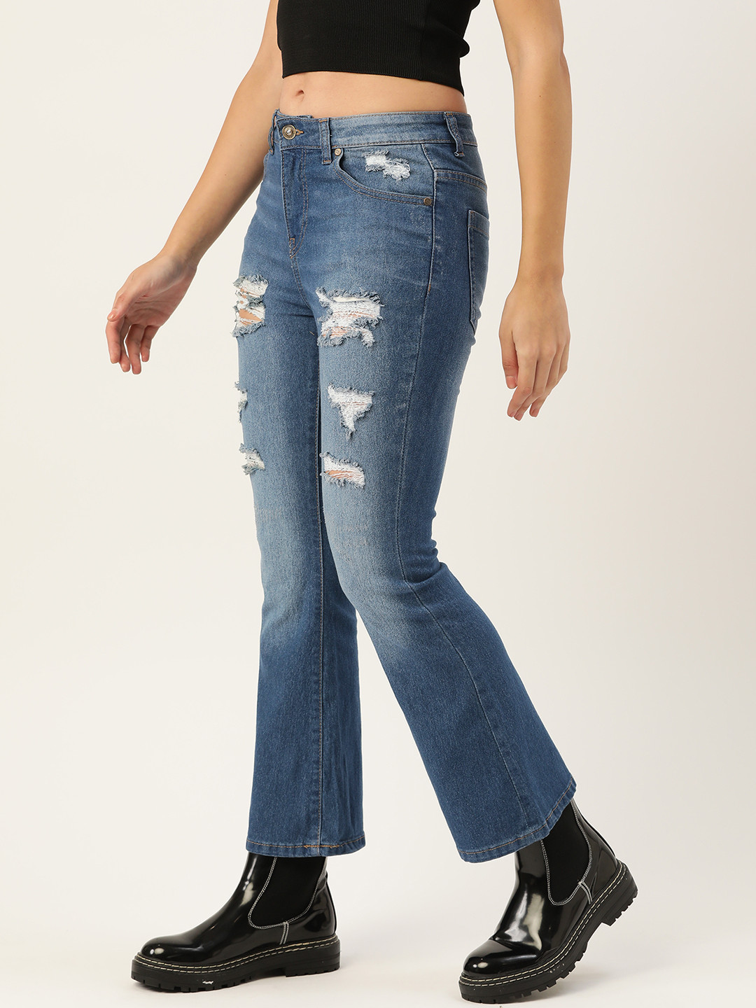 

DressBerry Women Blue Flared Low Distress Light Fade Stretchable Jeans
