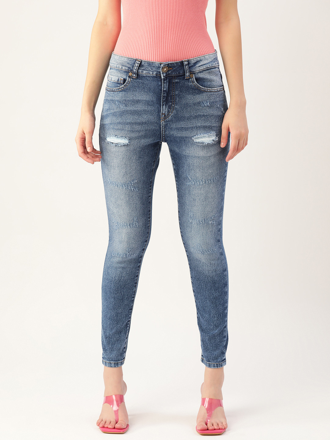 

DressBerry Women Blue Skinny Fit Low Distress Heavy Fade Stretchable Jeans