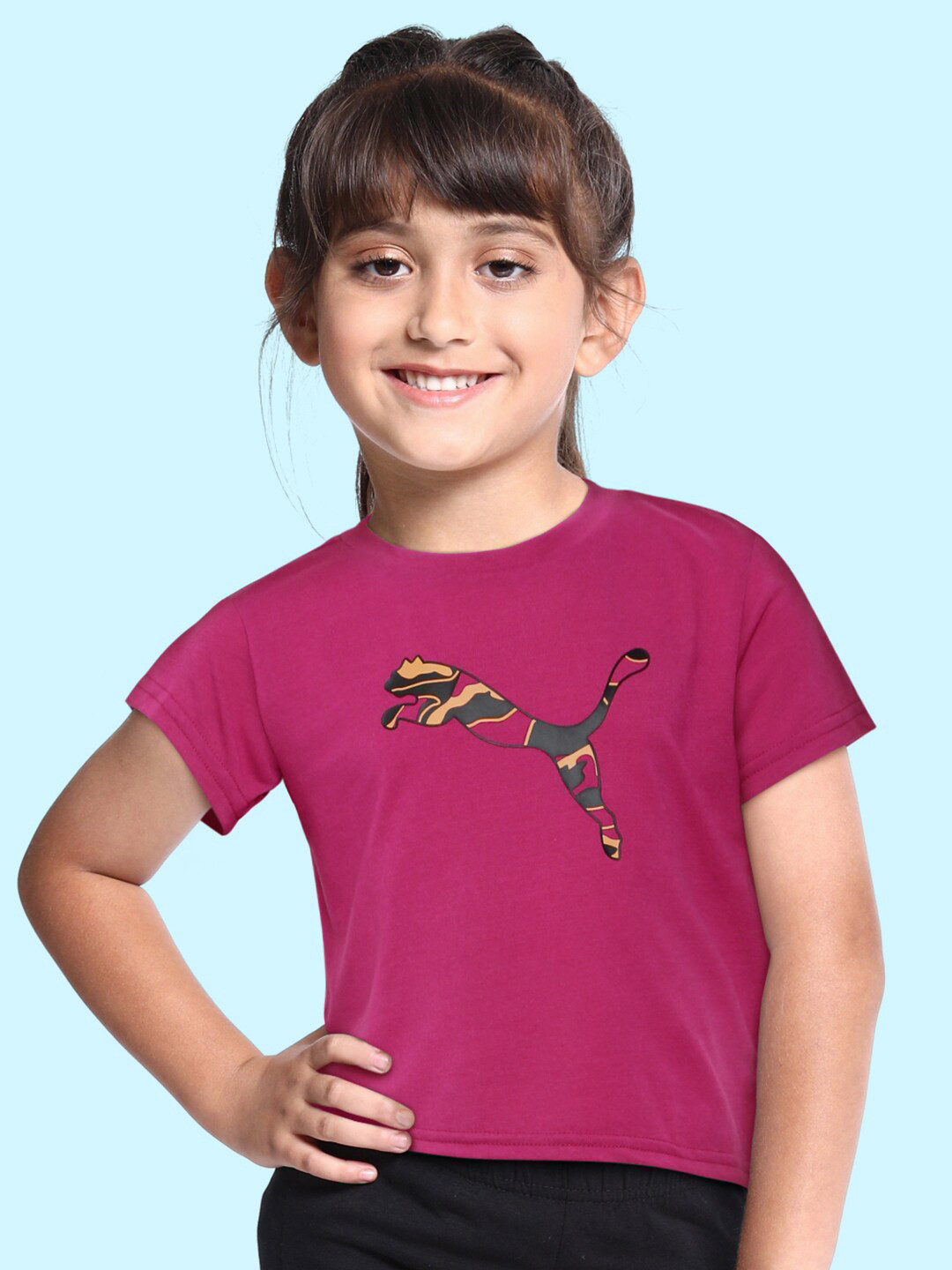 

Puma Girls Fuchsia Pink Brand Logo Print Relaxed Fit dryCELL Modern Sports Youth T-shirt