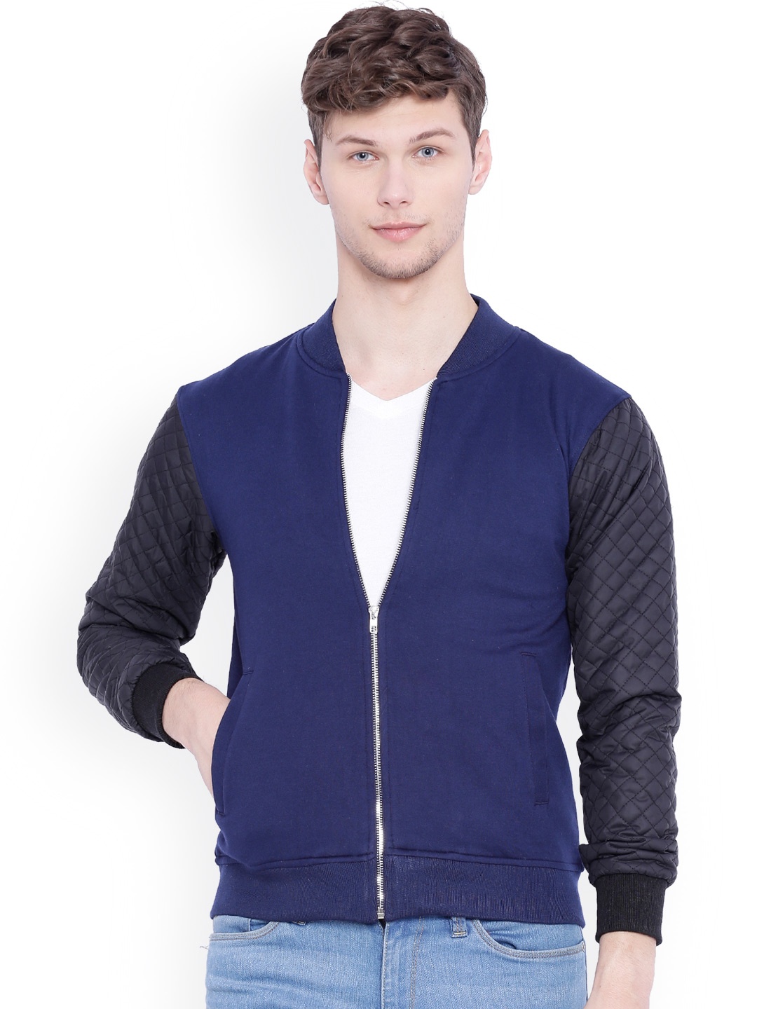 

Campus Sutra Blue & Black Colourblocked Bomber Jacket