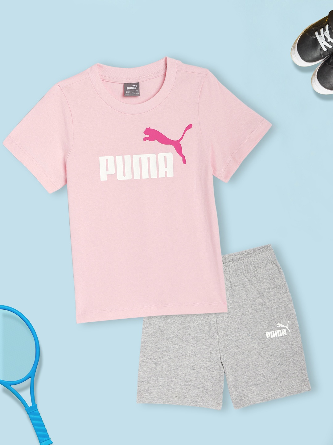 

Puma Unisex Kids Pink & Grey Printed Pure Cotton T-shirt with Shorts