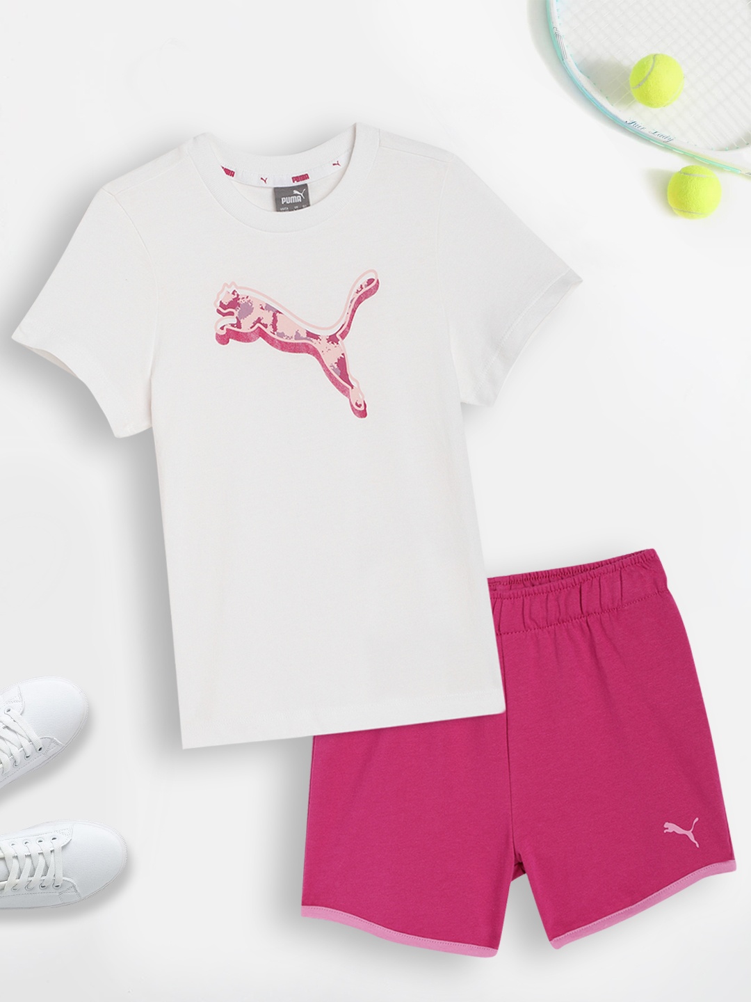 

Puma Unisex Kids White & Pink Printed Pure Cotton T-shirt with Shorts