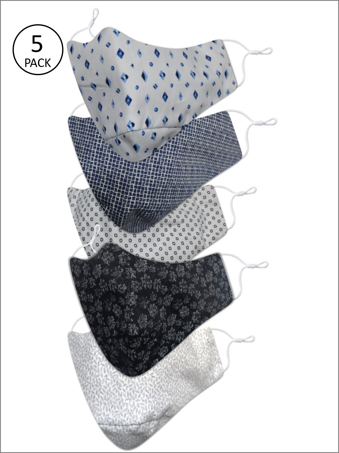 

EL REGALO Men Pack Of 5 Printed 3-Ply Cotton Reusable Protective Outdoor Masks, Black