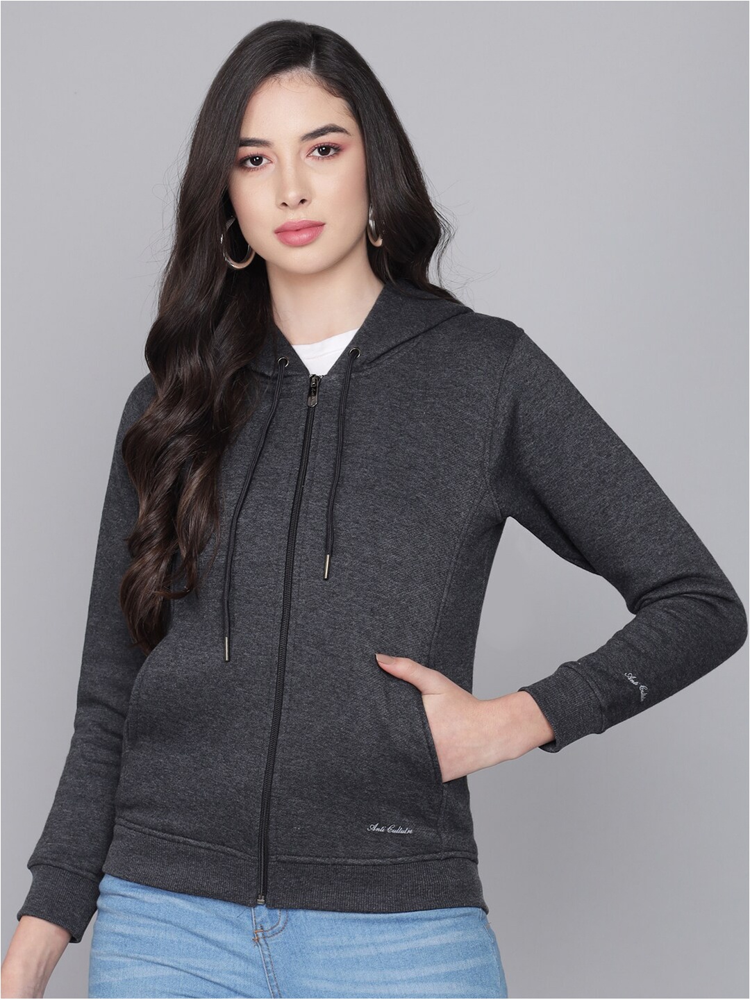 

ANTI CULTURE Women Grey Melange Hooded Fleece Sweatshirt