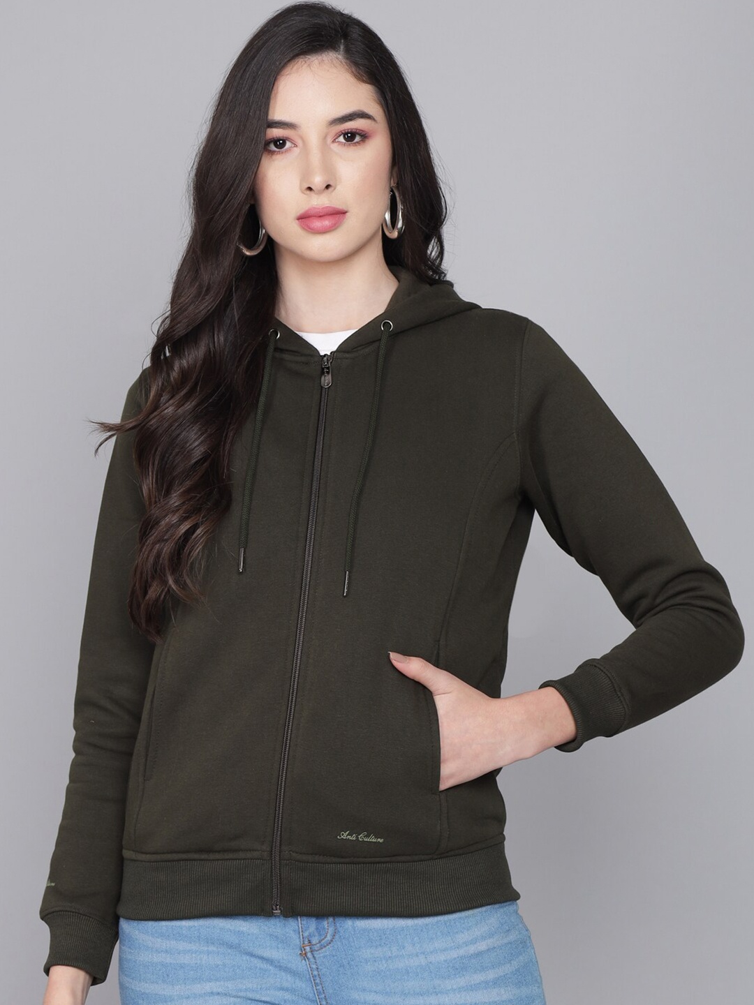 

ANTI CULTURE Women Olive Green Solid Hooded Sweatshirt