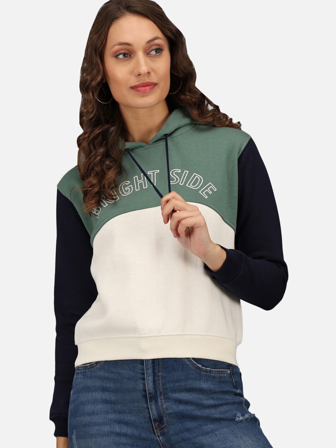 

ANTI CULTURE Women Green & White Colourblocked Hooded Pullover