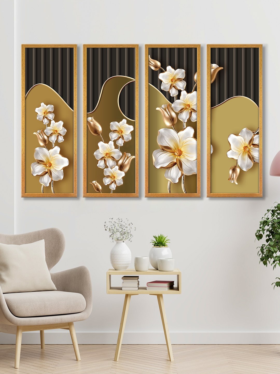 

999Store Set Of 4 Brown & White Floral Framed Wall Arts