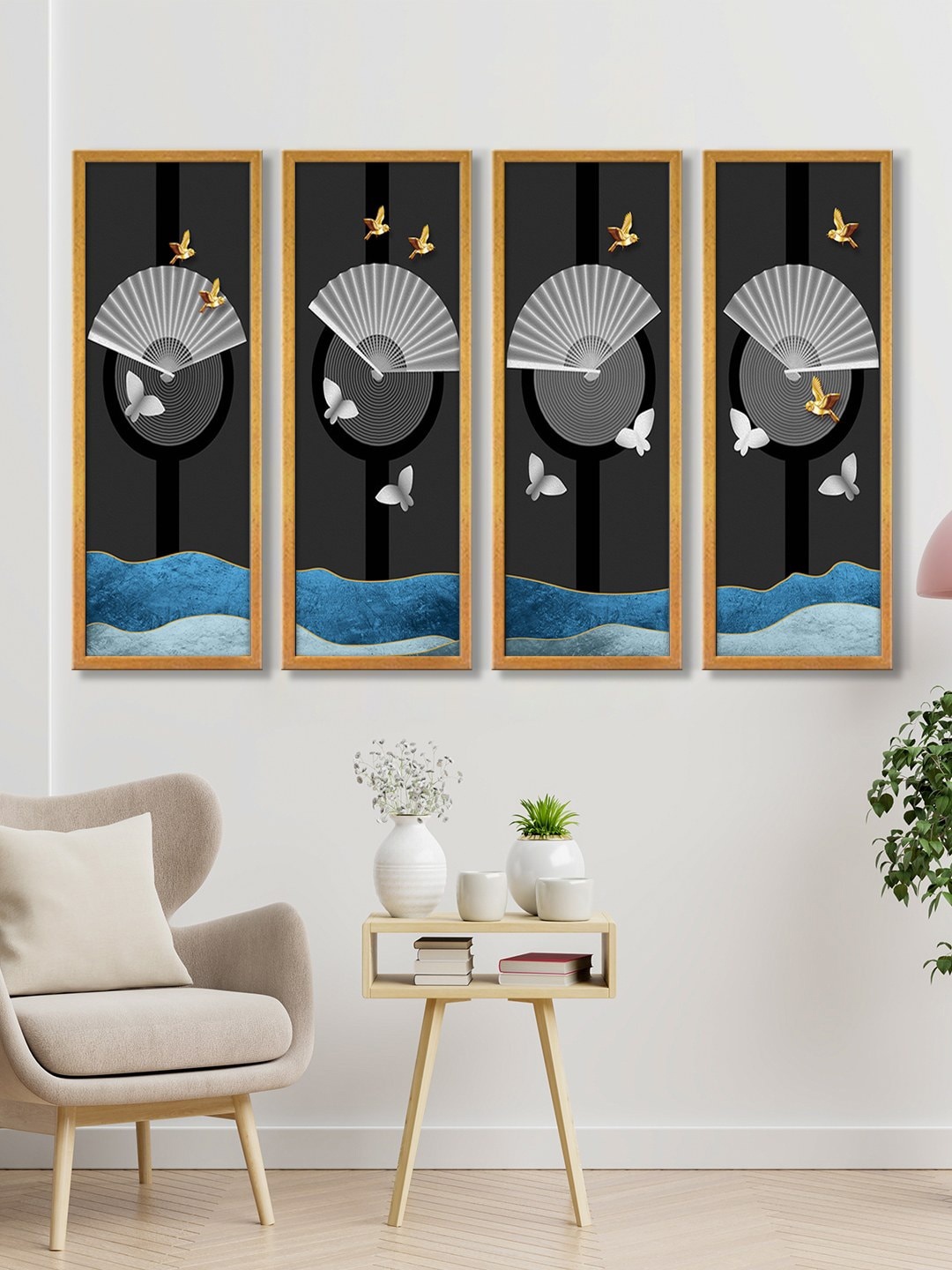 

999Store Black & Grey Set of 4 Sea Birds Canvas Wall Hanging Panels