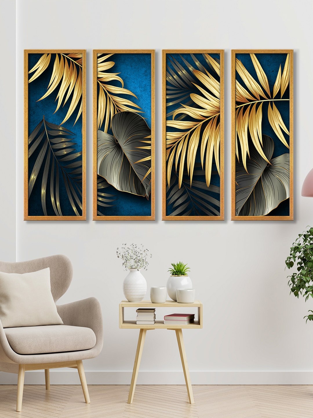 

999Store Set of 3 Blue Big Leaves Wall Art