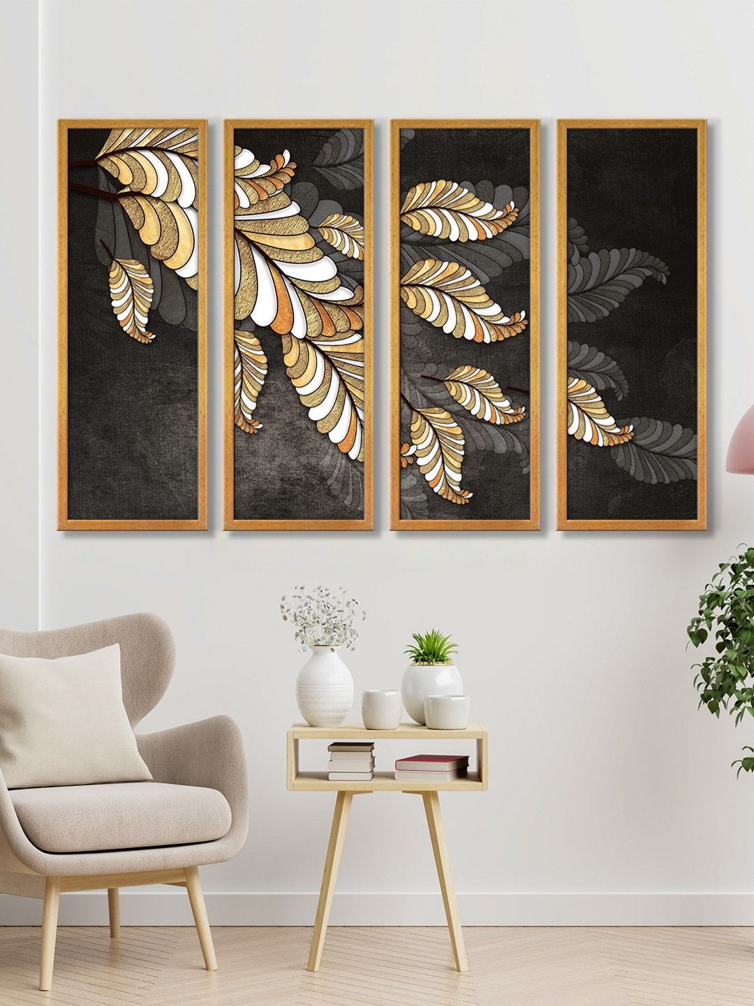 

999Store Golden Black Leaves Canvas Wall Art Panels