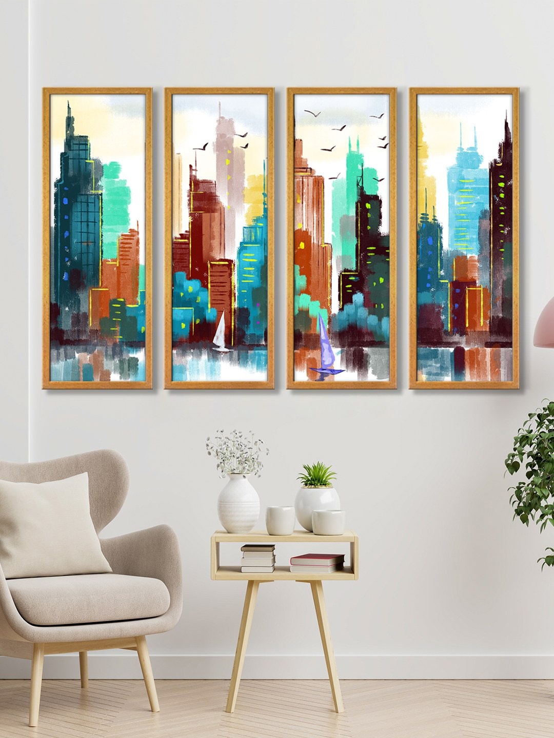 

999Store Multicoloured Set of 4 Abstract Modern City Wall Art Canvas Painting, Multi