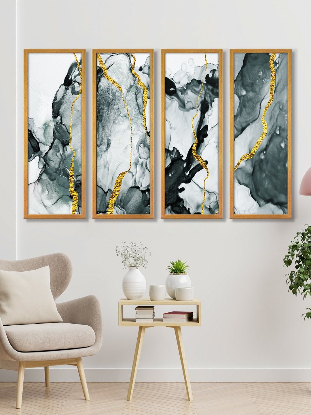 

999Store Set Of 4 Grey & White Abstract Painting Framed Wall Art