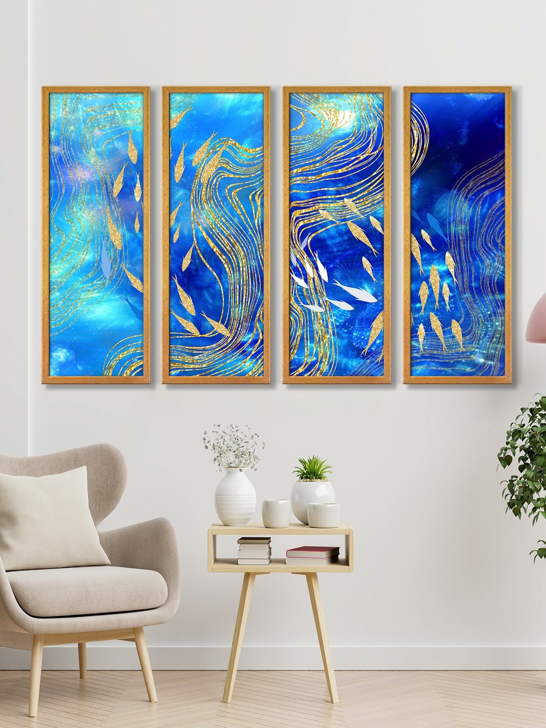 

999Store Blue Set of 4 Abstract Fishes Waves In The Sea Canvas Painting